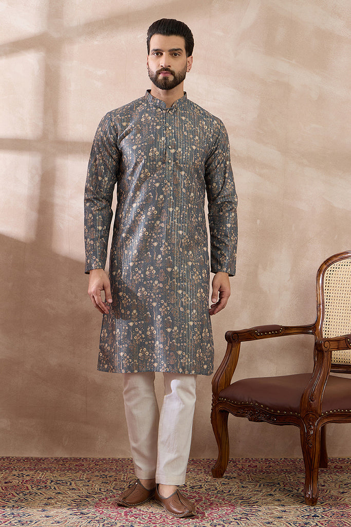 Grey Silk Blend Printed Mandarin Collar Straight Kurta MKU1931