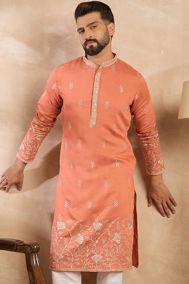 Peach Vartican Solid Embroidered Straight Kurta MKU1935