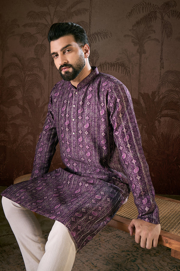 Purple Silk Blend Ethnic Motifs Printed Straight Kurta MKU1950