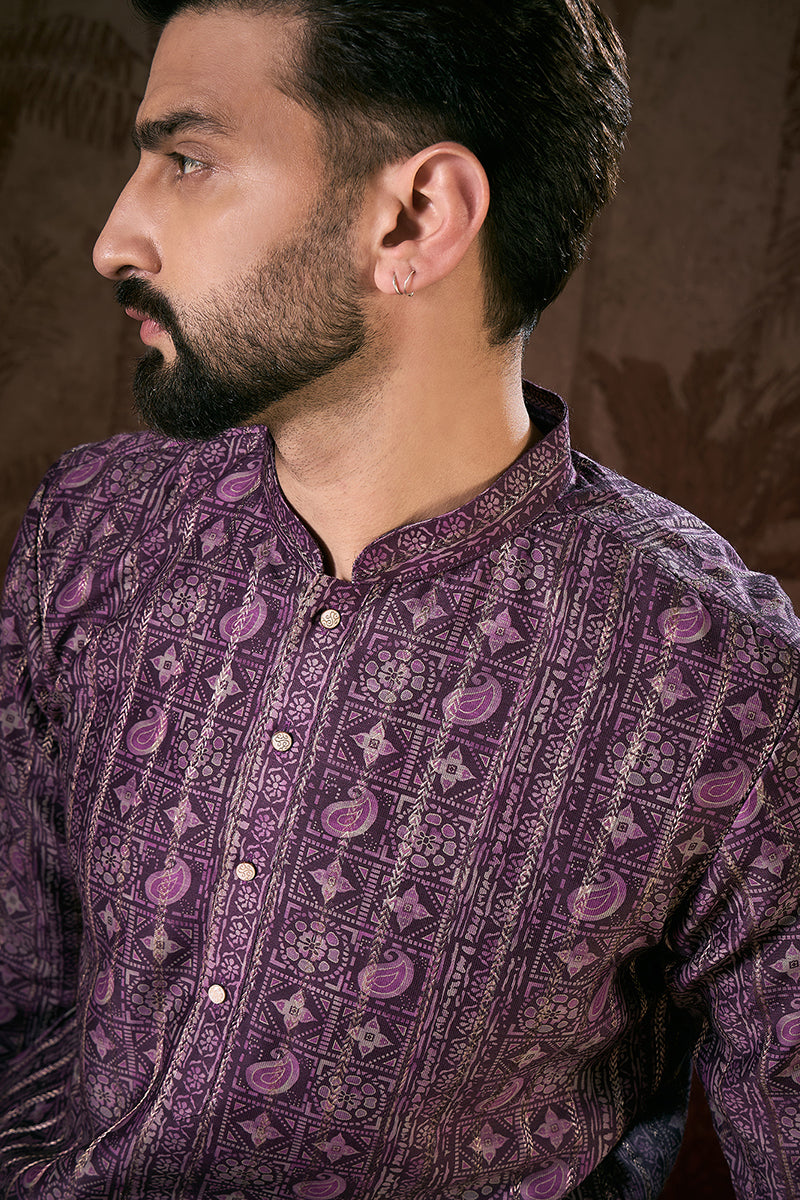Purple Silk Blend Ethnic Motifs Printed Straight Kurta MKU1950