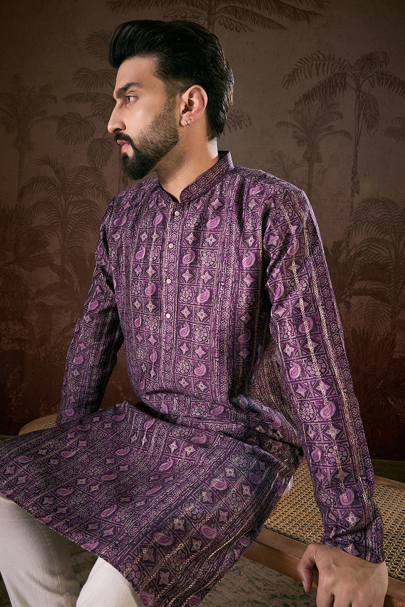 Purple Silk Blend Ethnic Motifs Printed Straight Kurta MKU1950