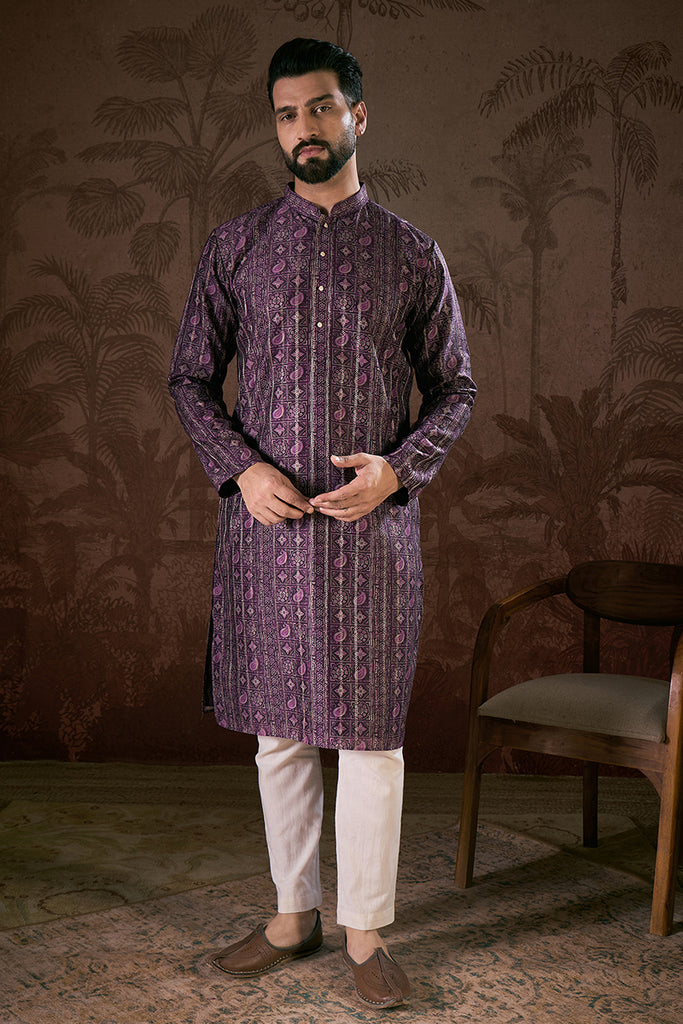 Purple Silk Blend Ethnic Motifs Printed Straight Kurta MKU1950