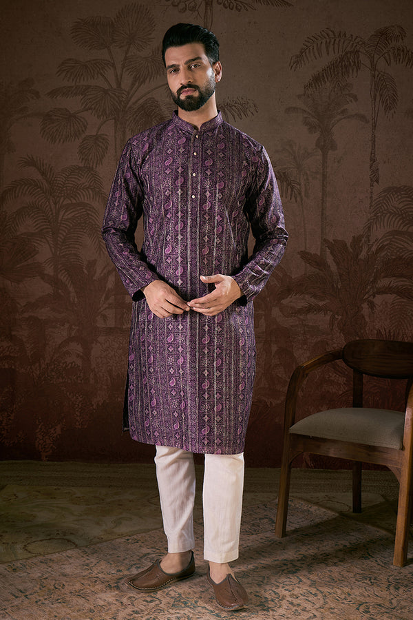 Purple Silk Blend Ethnic Motifs Printed Straight Kurta MKU1950