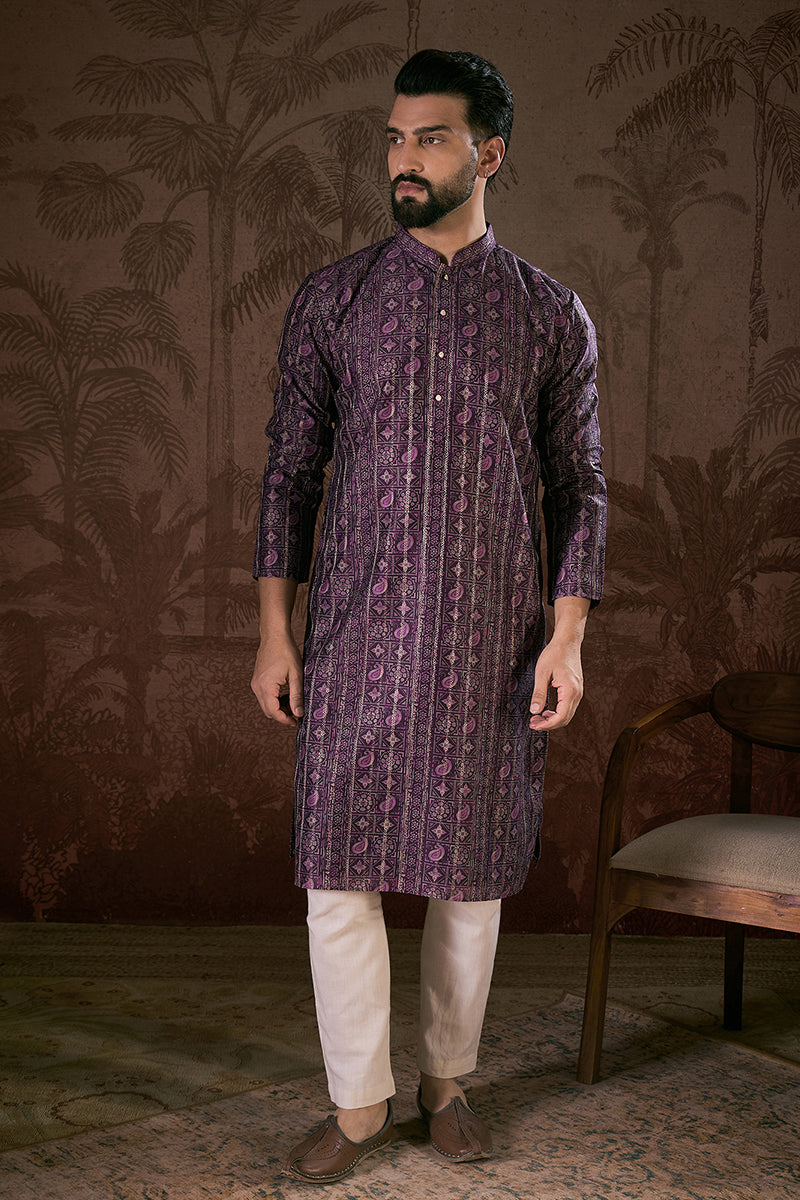 Purple Silk Blend Ethnic Motifs Printed Straight Kurta MKU1950