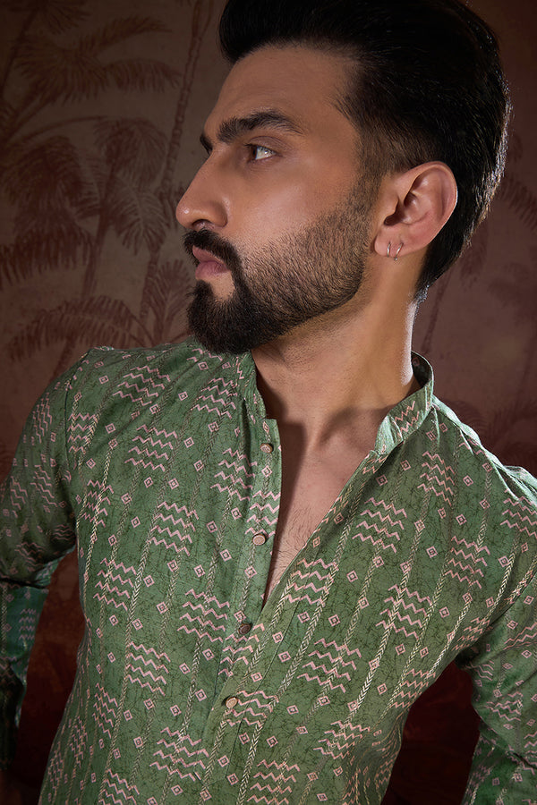 Green Silk Blend Ethnic Motifs Printed Straight Kurta MKU1951