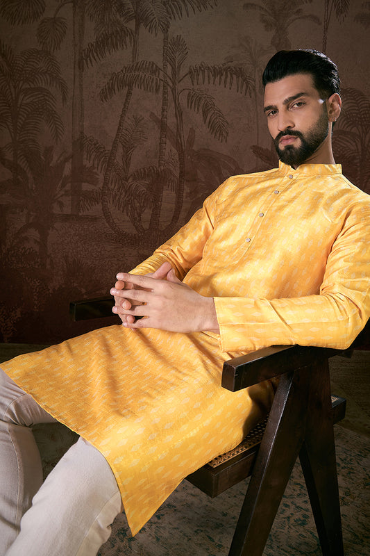 Yellow Silk Blend Ethnic Motifs Printed Straight Kurta MKU1952