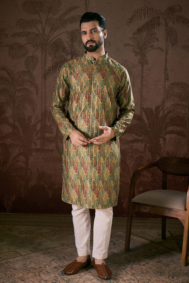 Green Silk Blend Floral Printed Straight Kurta MKU1953