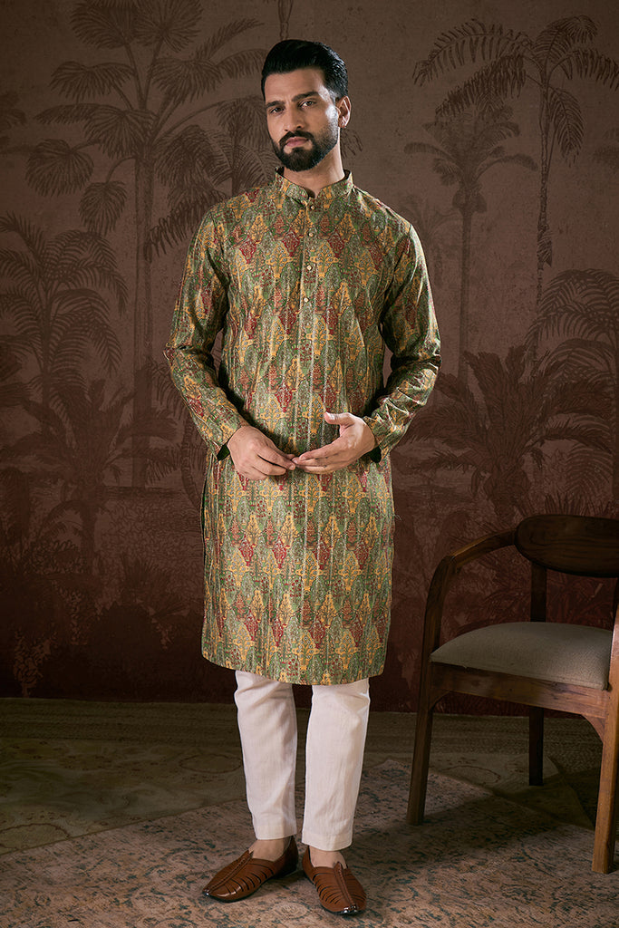Green Silk Blend Floral Printed Straight Kurta MKU1953