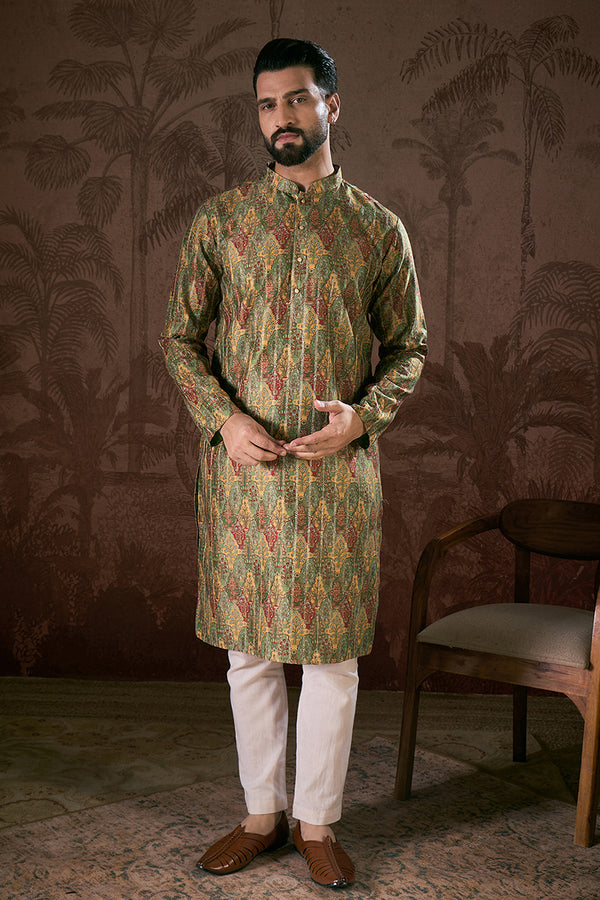 Green Silk Blend Floral Printed Straight Kurta MKU1953