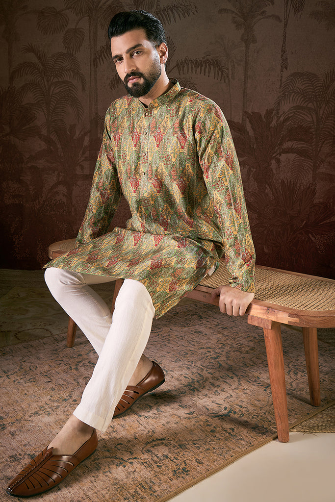 Green Silk Blend Floral Printed Straight Kurta MKU1953