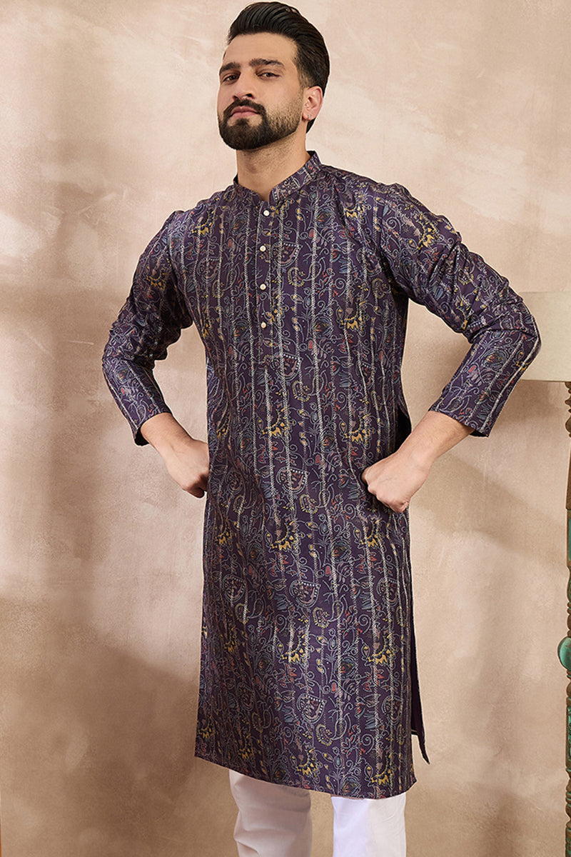 Violet Silk Blend Ethnic Motifs Printed Straight Kurta MKU1954