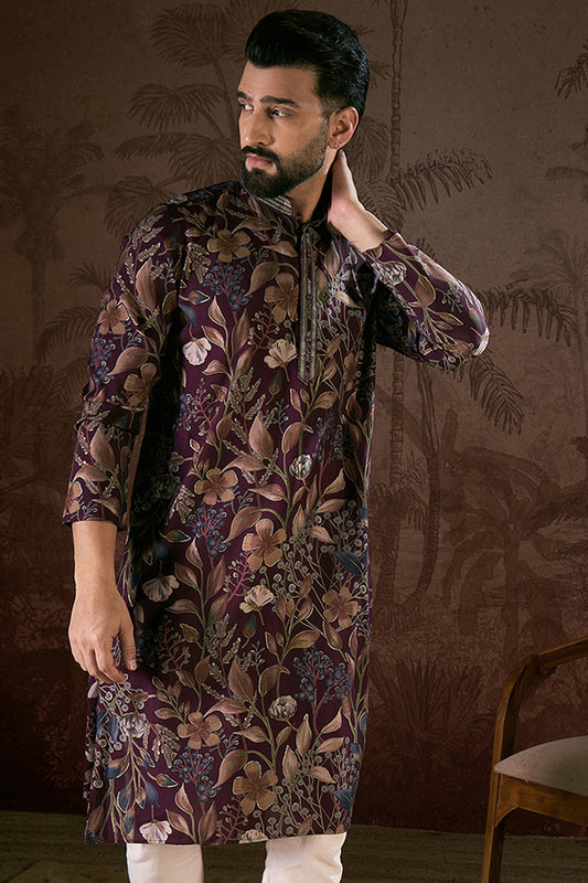 Purple Silk Blend Floral Printed Straight Kurta MKU1957