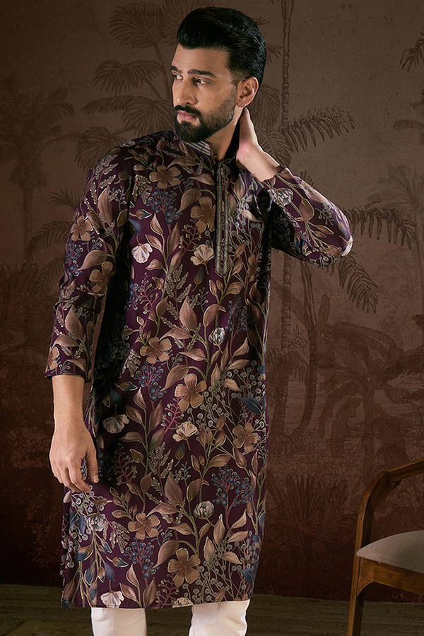 Purple Silk Blend Floral Printed Straight Kurta MKU1957