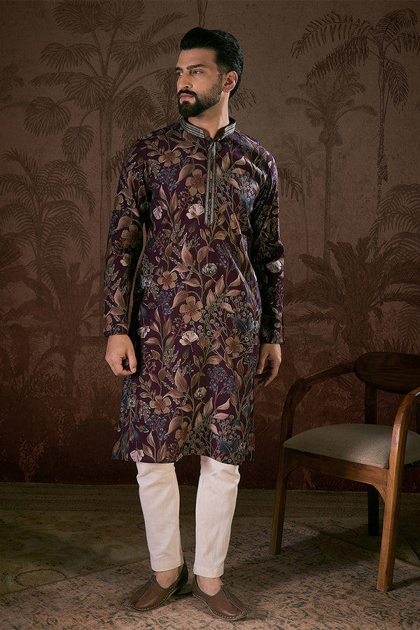 Purple Silk Blend Floral Printed Straight Kurta With Trouser MKSET1957