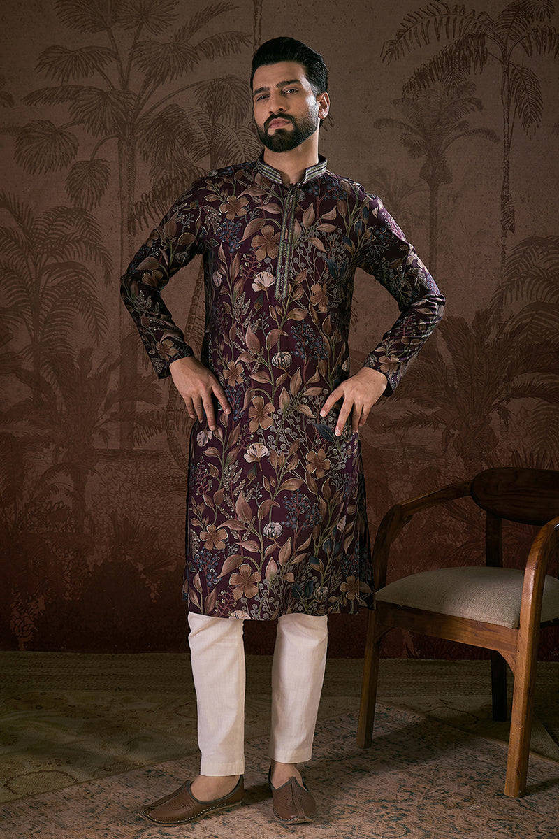 Purple Silk Blend Floral Printed Straight Kurta MKU1957
