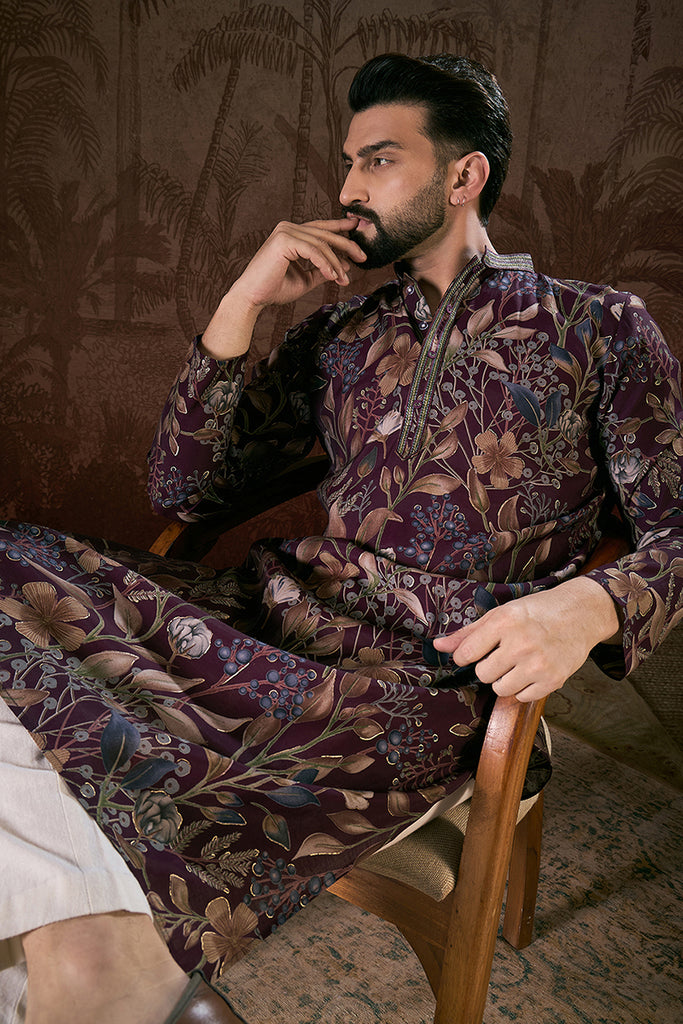 Purple Silk Blend Floral Printed Straight Kurta MKU1957
