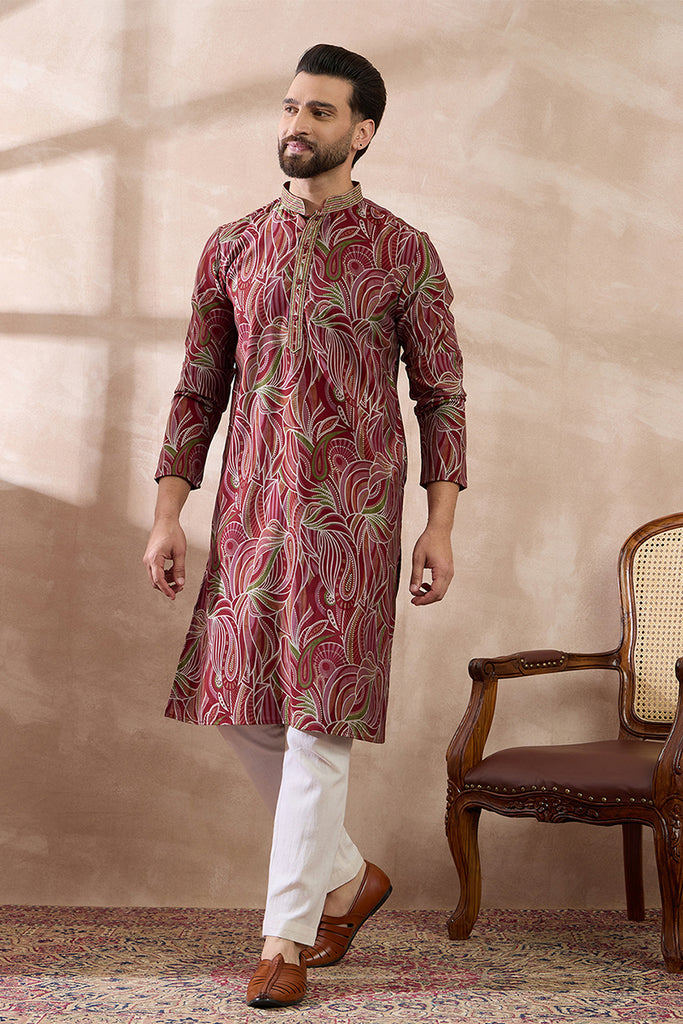Red Silk Blend Printed Mandarin Collar Straight Kurta MKU1959