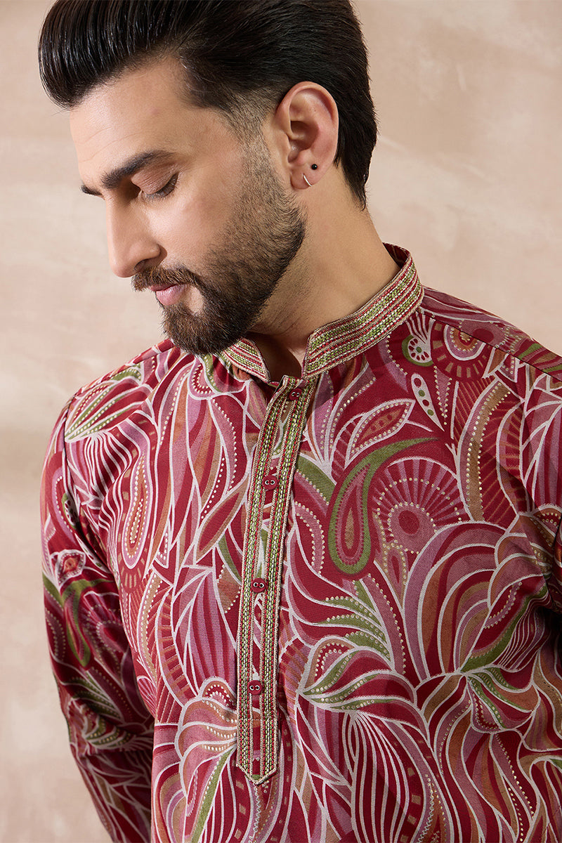 Red Silk Blend Printed Mandarin Collar Straight Kurta MKU1959
