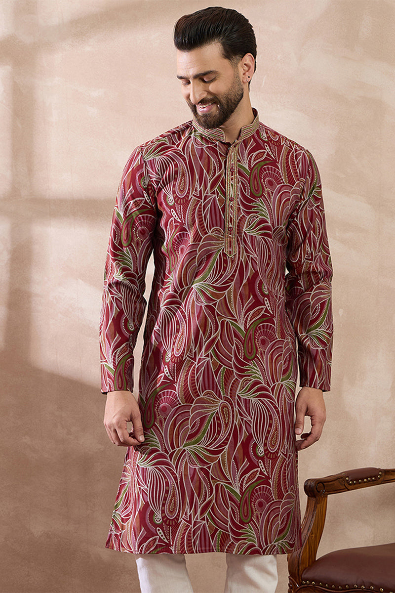 Red Silk Blend Printed Mandarin Collar Straight Kurta MKU1959