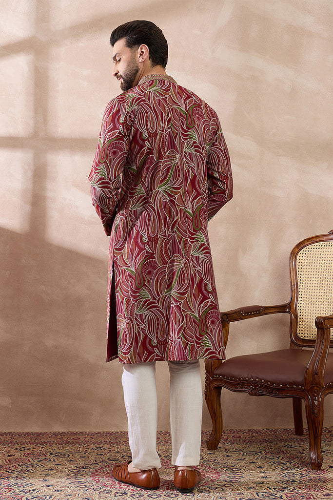 Red Silk Blend Printed Mandarin Collar Straight Kurta MKU1959