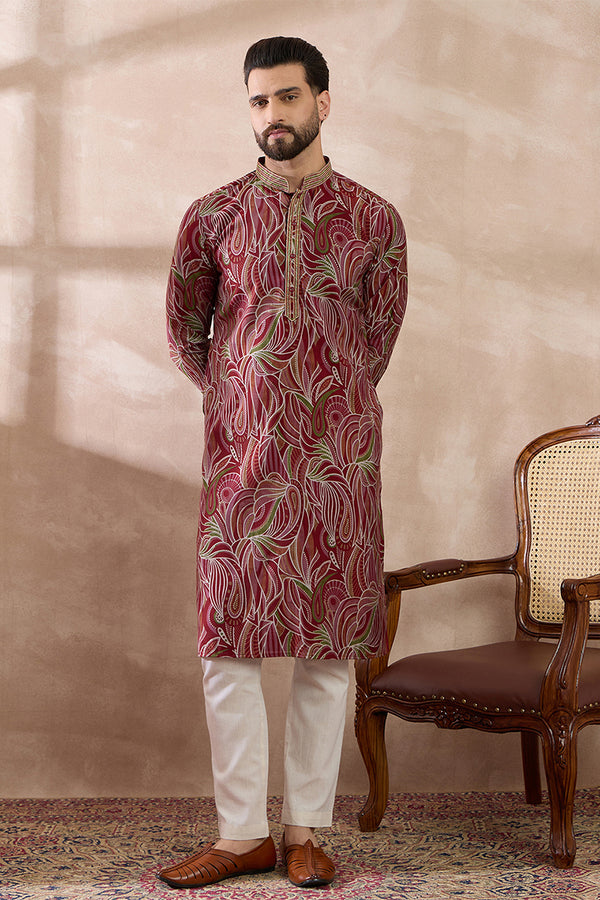 Red Silk Blend Printed Mandarin Collar Straight Kurta MKU1959