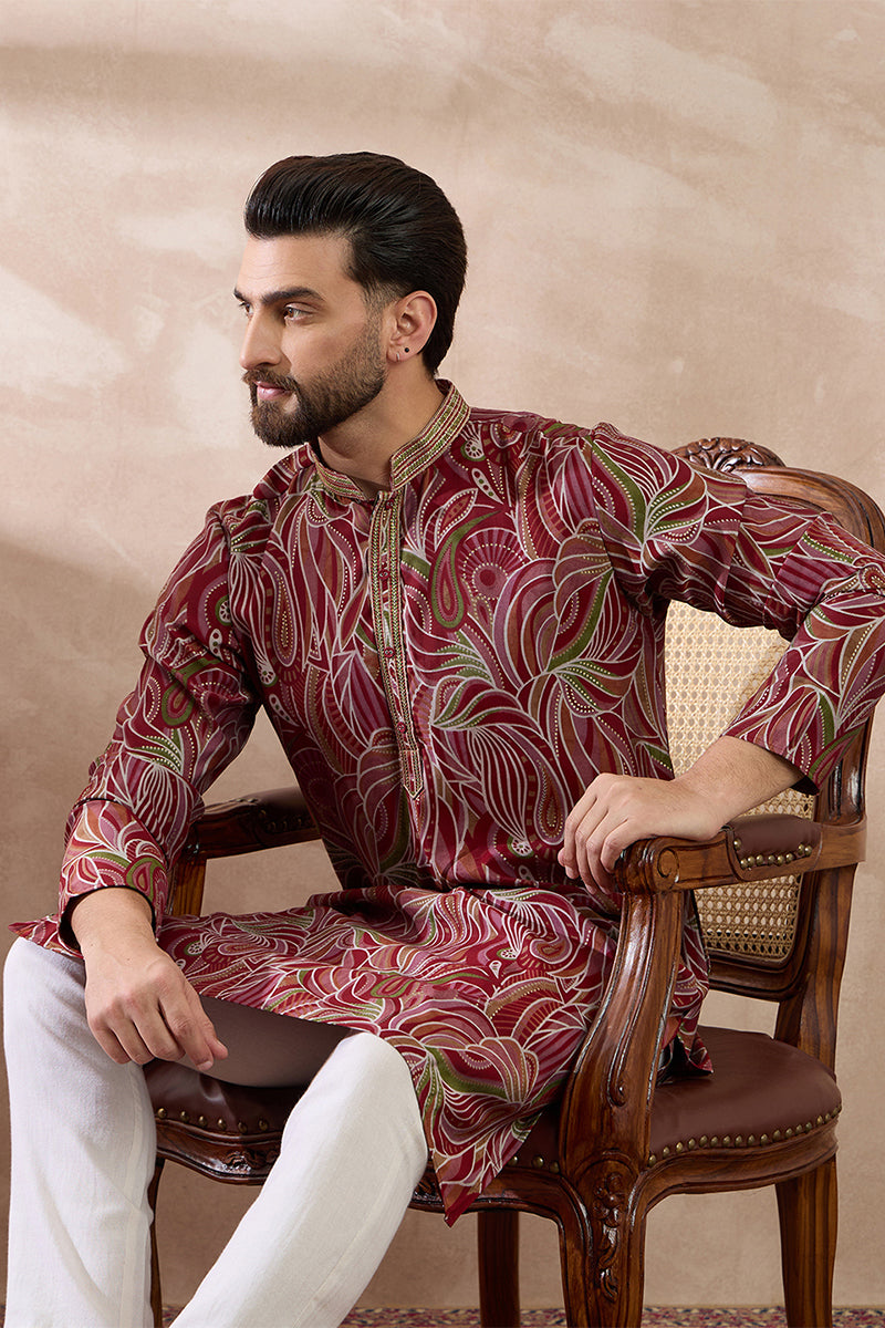 Red Silk Blend Printed Mandarin Collar Straight Kurta With Trouser MKSET1959