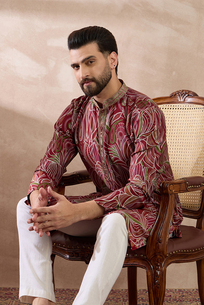 Red Silk Blend Printed Mandarin Collar Straight Kurta MKU1959