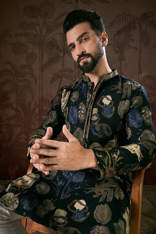 Black Silk Blend Floral Printed Straight Kurta MKU1960