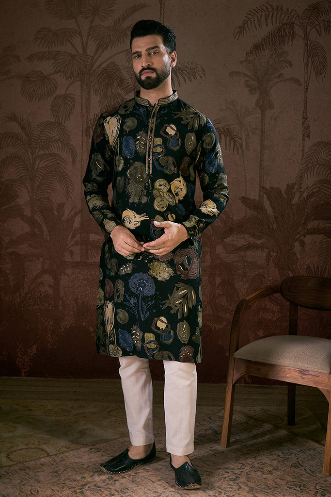 Black Silk Blend Floral Printed Straight Kurta MKU1960