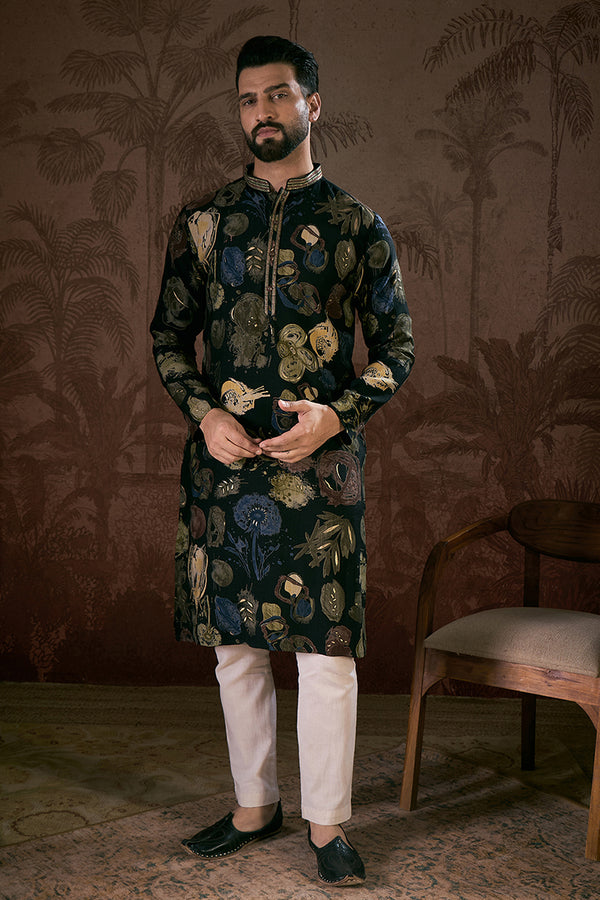 Black Silk Blend Floral Printed Straight Kurta MKU1960