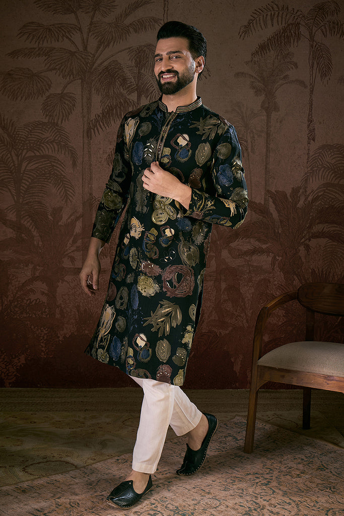 Black Silk Blend Floral Printed Straight Kurta MKU1960