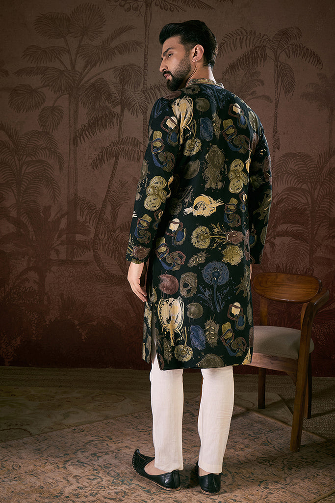 Black Silk Blend Floral Printed Straight Kurta MKU1960