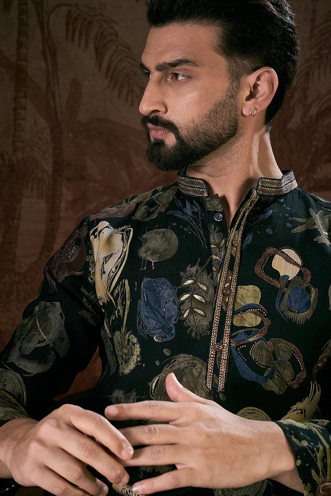 Black Silk Blend Floral Printed Straight Kurta MKU1960