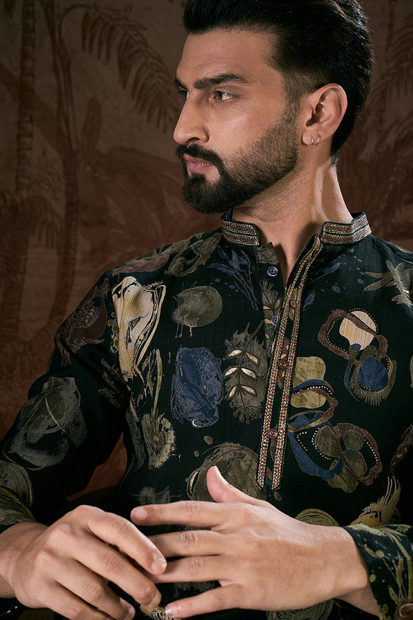Black Silk Blend Floral Printed Straight Kurta MKU1960