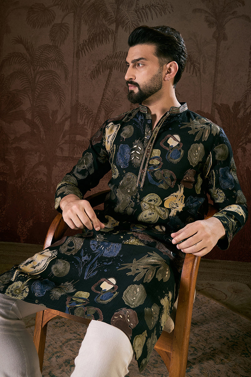 Black Silk Blend Floral Printed Straight Kurta MKU1960