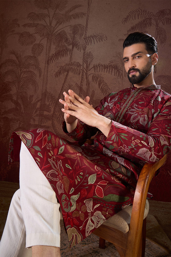 Maroon Silk Blend Floral Printed Straight Kurta MKU1963