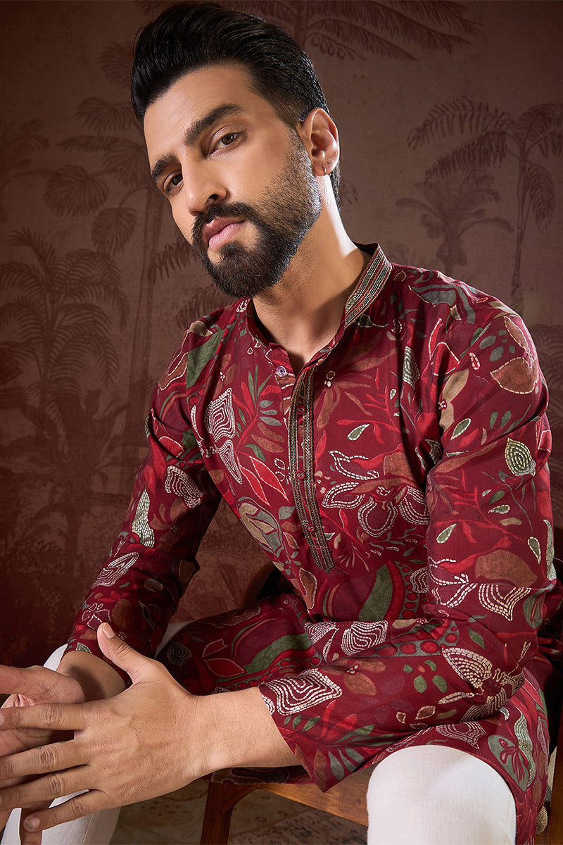 Maroon Silk Blend Floral Printed Straight Kurta MKU1963