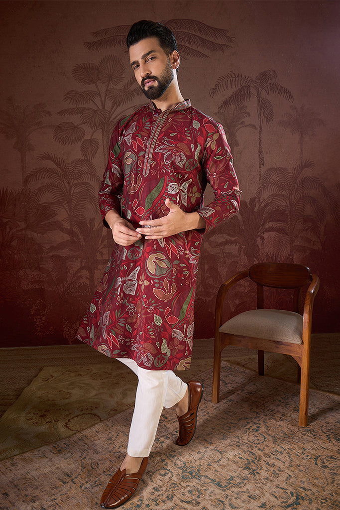 Maroon Silk Blend Floral Printed Straight Kurta MKU1963