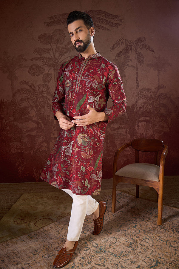 Maroon Silk Blend Floral Printed Straight Kurta MKU1963