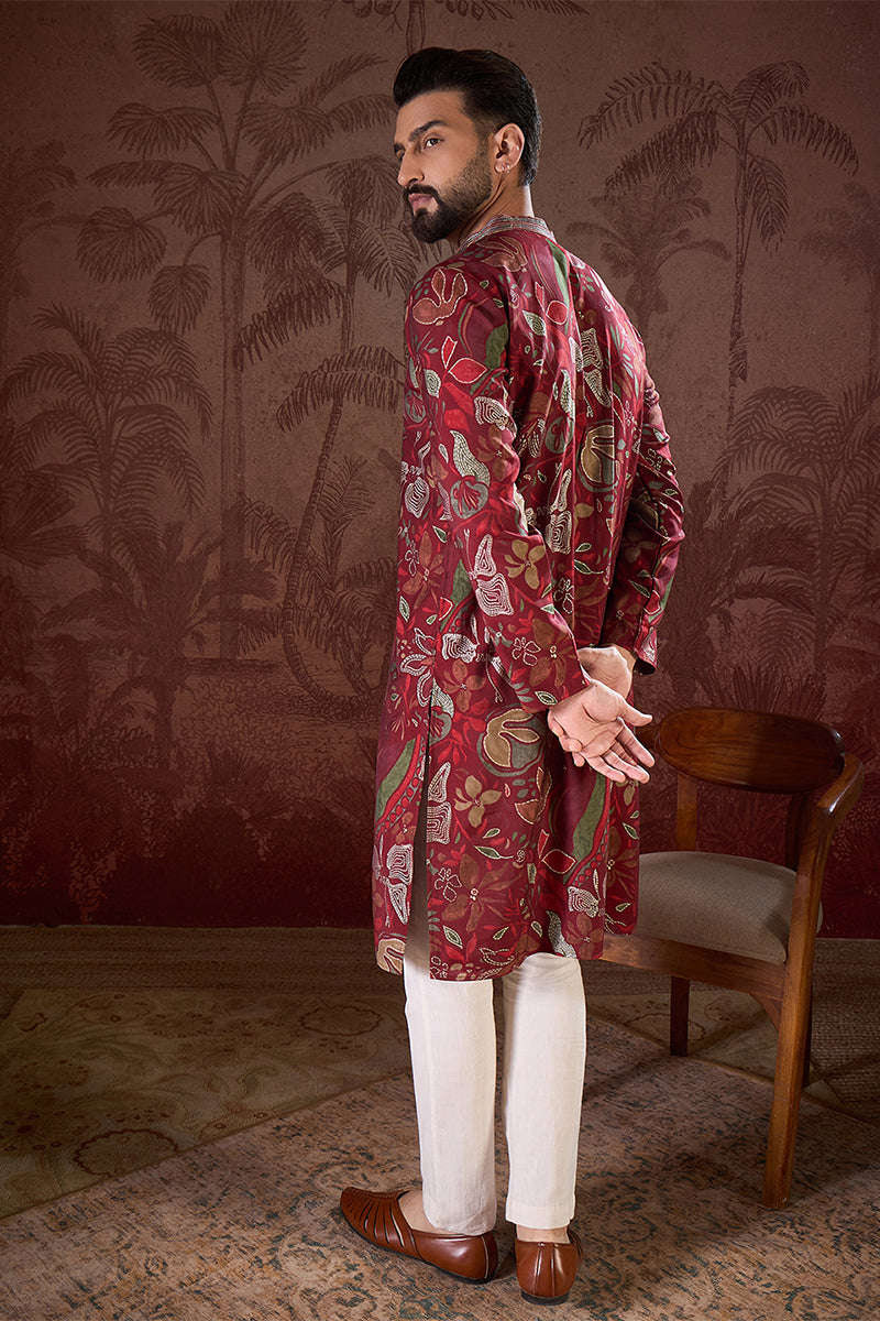 Maroon Silk Blend Floral Printed Straight Kurta MKU1963