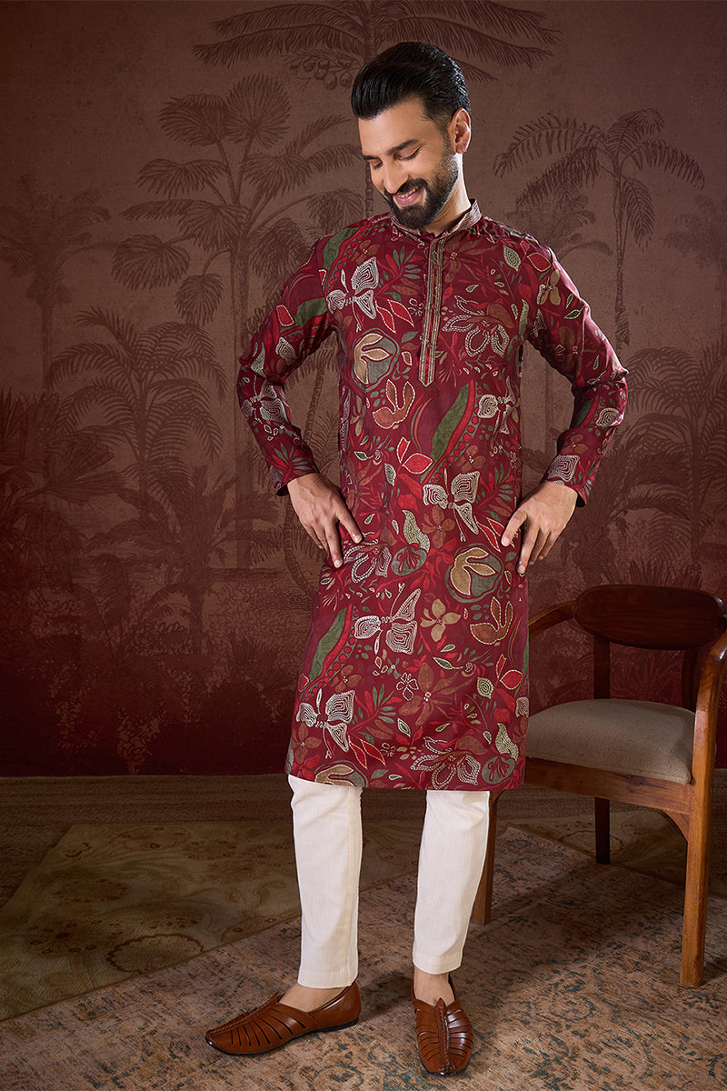 Maroon Silk Blend Floral Printed Straight Kurta MKU1963