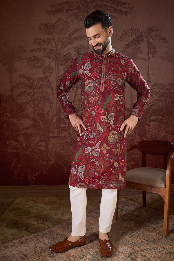 Maroon Silk Blend Floral Printed Straight Kurta MKU1963