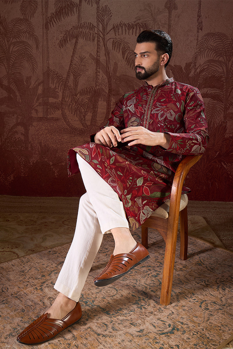 Maroon Silk Blend Floral Printed Straight Kurta MKU1963