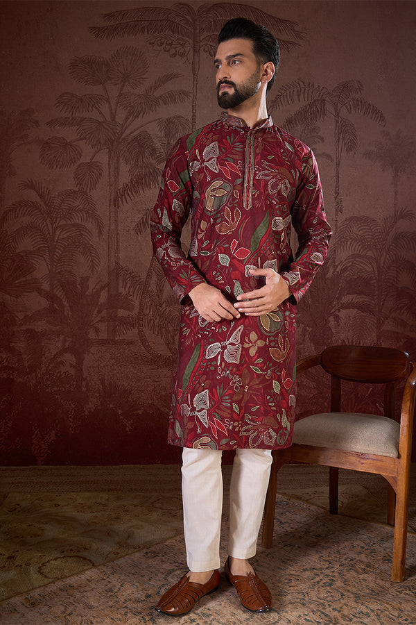 Maroon Silk Blend Floral Printed Straight Kurta MKU1963