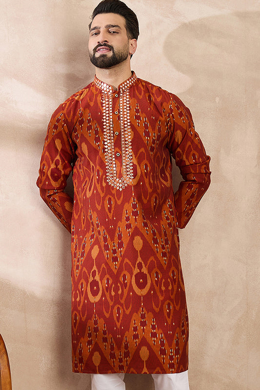 Orange Silk Blend Chevron Printed Straight Kurta MKU1964