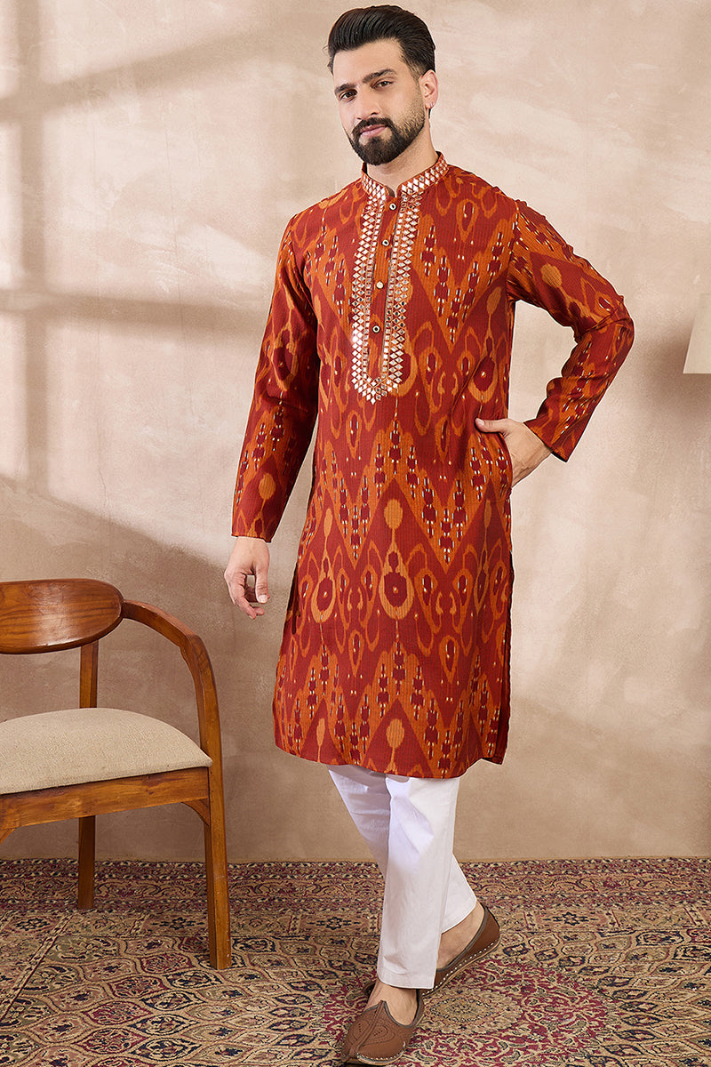 Orange Silk Blend Chevron Printed Straight Kurta MKU1964