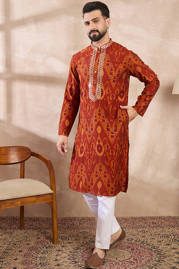 Orange Silk Blend Chevron Printed Straight Kurta MKU1964