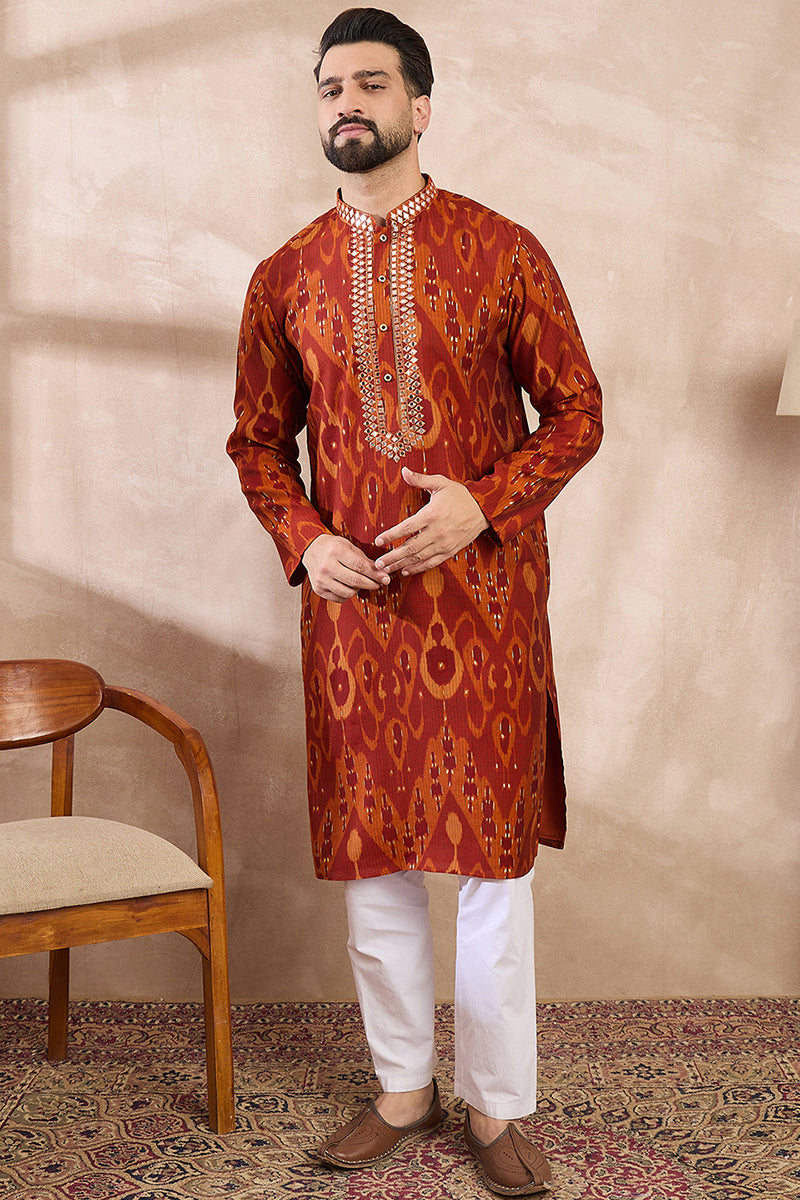 Orange Silk Blend Chevron Printed Straight Kurta MKU1964