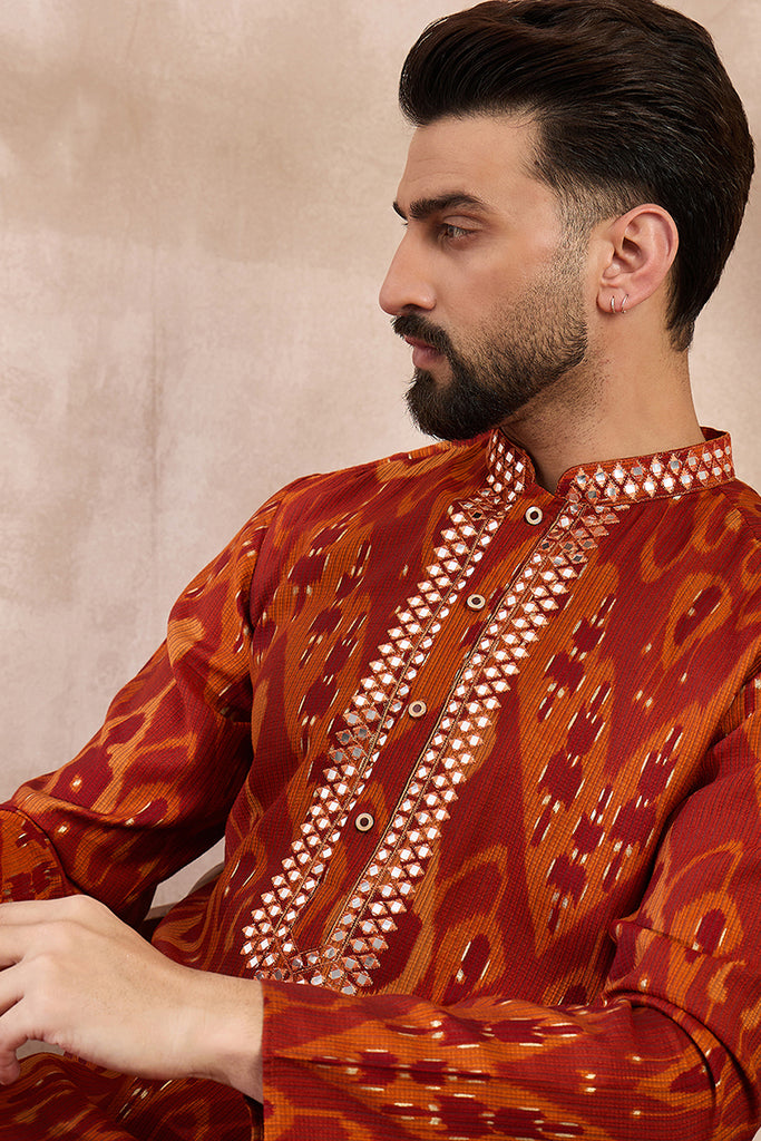 Orange Silk Blend Chevron Printed Straight Kurta MKU1964