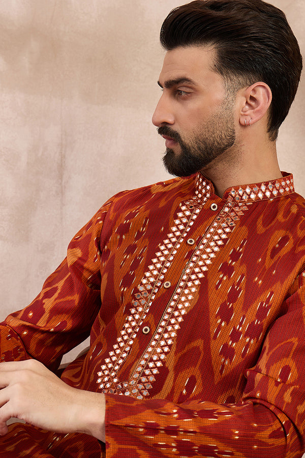 Orange Silk Blend Chevron Printed Straight Kurta MKU1964